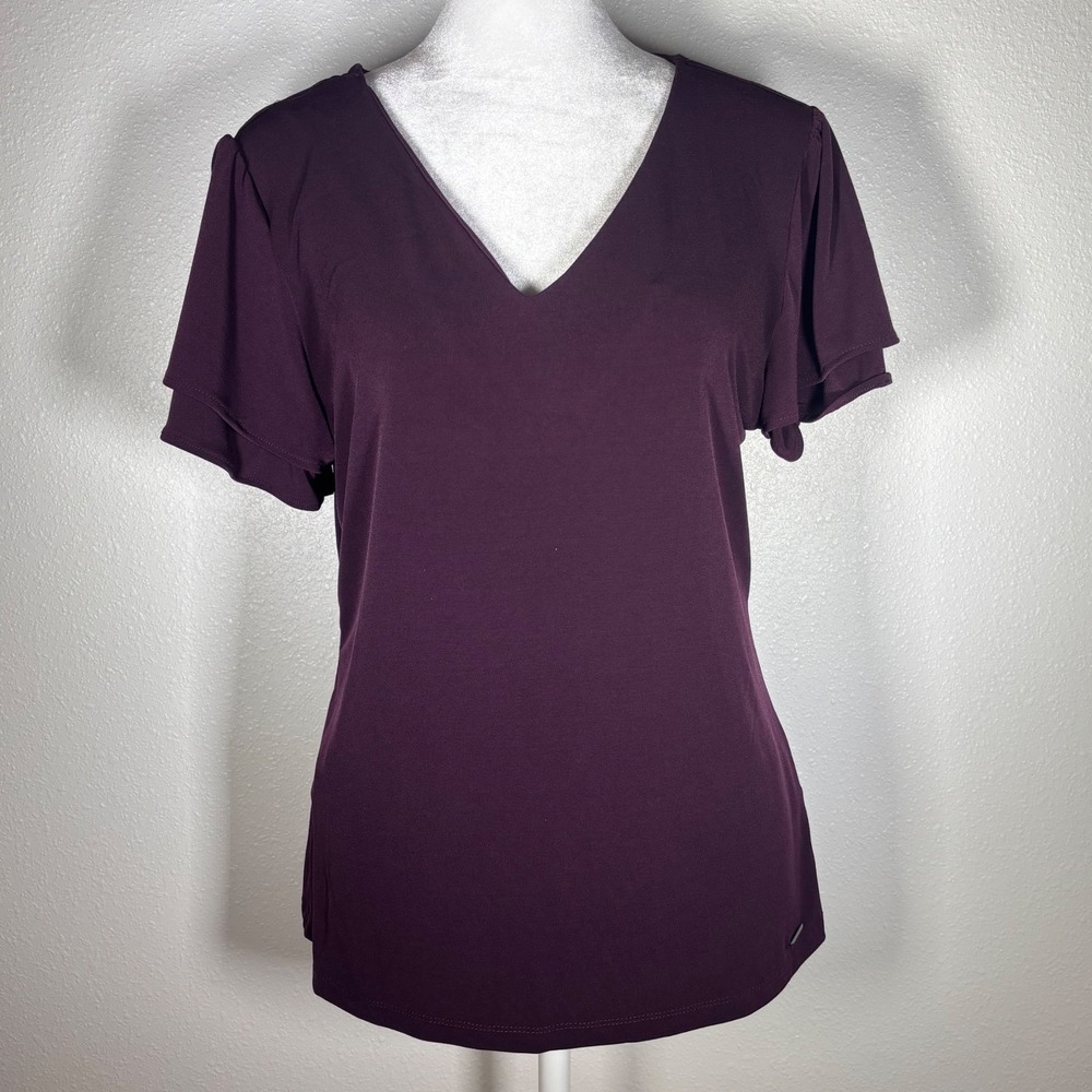 Whimsigoth Fairycore Office Plum Purple V-Neck Tulip Sleeve Blouse Top Medium